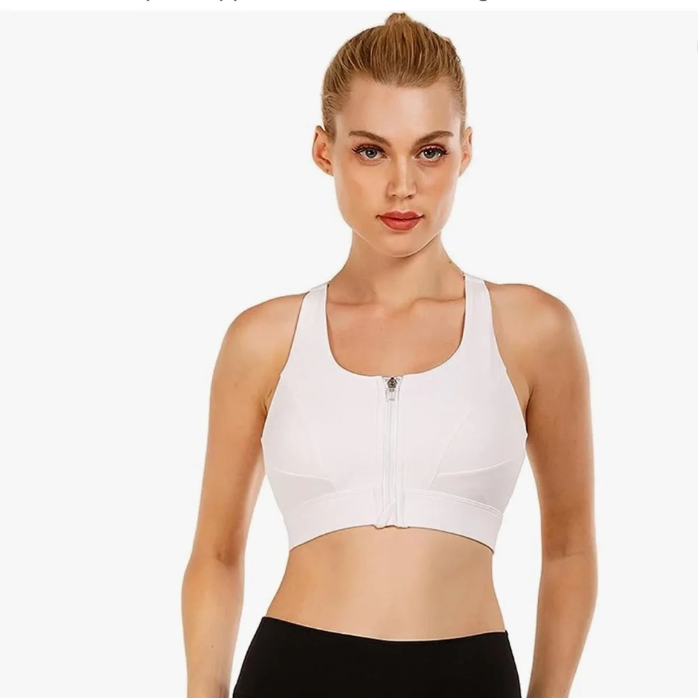 White Front Zip Sports BRA by Cordaw. High Support. Removable pads. Size L. New! - Picture 1 of 9